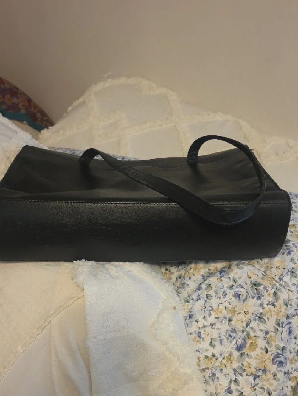 Black Leather Women's Shoulder Bag with Gold Emblem